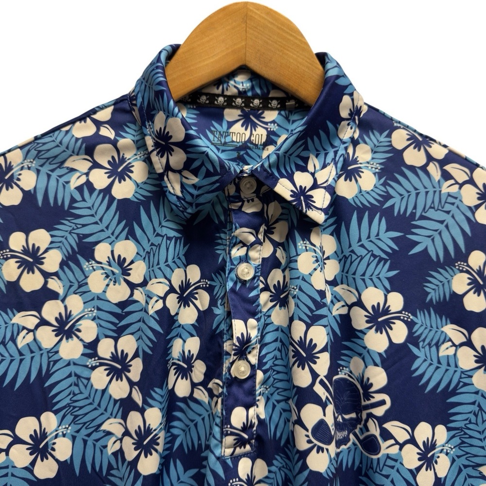 Tattoo Golf Mens Size L Blue Floral Aloha Series Performance S/S Golf Polo Shirt